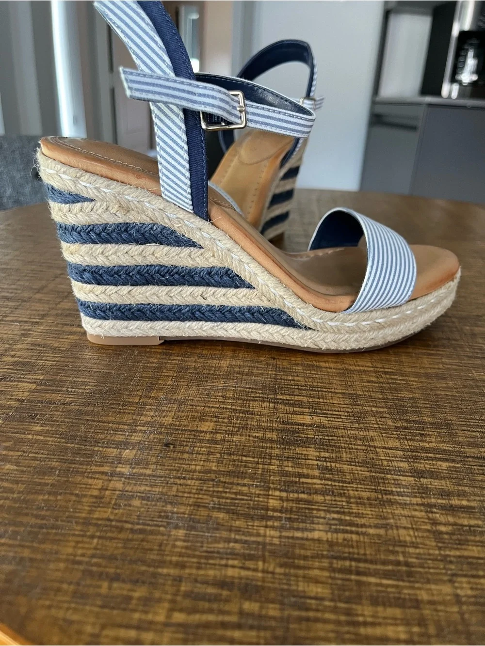 Kelly & Katie Navy and White Striped Espadrille Wedge Sandals